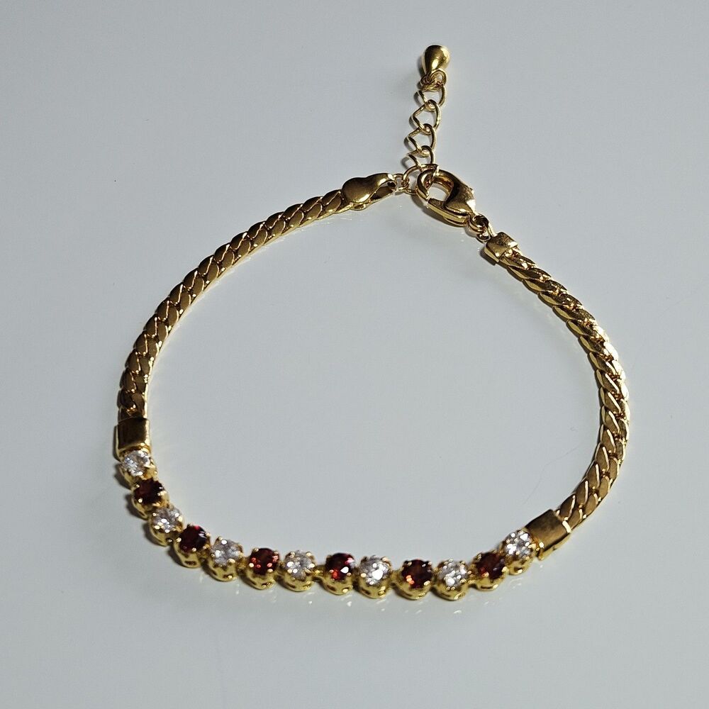 Gold Tone Red Clear Rhinestone Accent Bracelet 7-8"